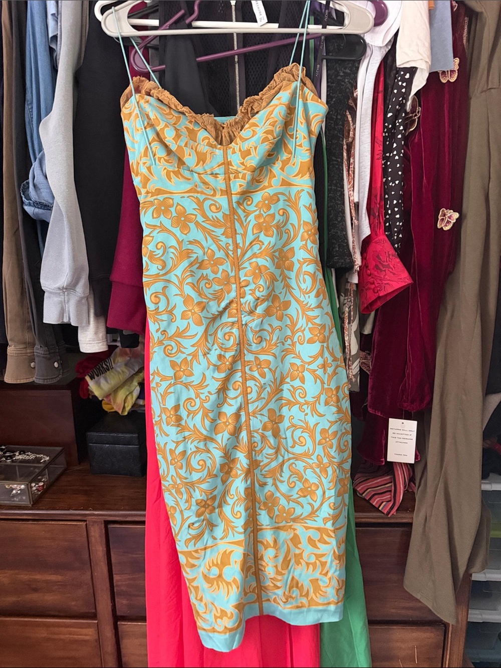 Strapless Aqua Dress with Gold Floral Scroll Print